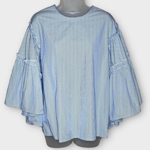 ANTHROPOLOGIE dRa striped ruffle Flare Sleeve blouse top blue white stripe Sz S - Picture 2 of 6